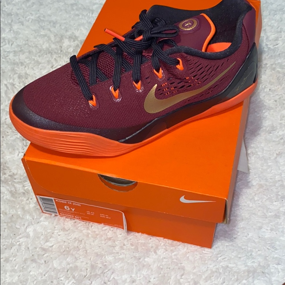 Kobe IX- burgandy orange & black GRADE SCHOOL SIZE